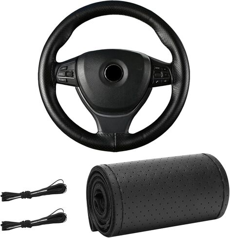 Genuine Leather Steering Wheel Cover, 15 Inches Stitch on Wrap Steering Wheel Protector, Anti-Slip DIY Sewing Auto Wheel Cover with Needle Thread, Car Accessories (Gray, Full Hole) in Saudi Arabia
