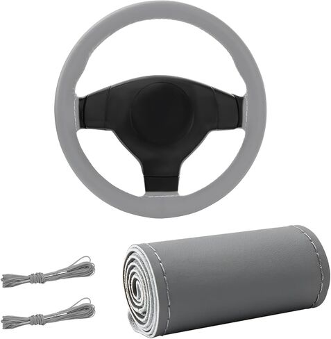 Genuine Leather Steering Wheel Cover, 15 Inches Stitch on Wrap Steering Wheel Protector, Anti-Slip DIY Sewing Auto Wheel Cover with Needle Thread, Car Accessories (Gray, Full Hole) in Saudi Arabia