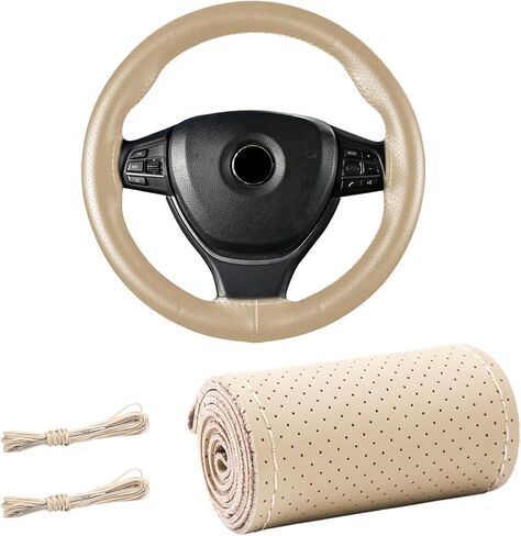 Genuine Leather Steering Wheel Cover, 15 Inches Stitch on Wrap Steering Wheel Protector, Anti-Slip DIY Sewing Auto Wheel Cover with Needle Thread, Car Accessories (Gray, Full Hole) in Saudi Arabia