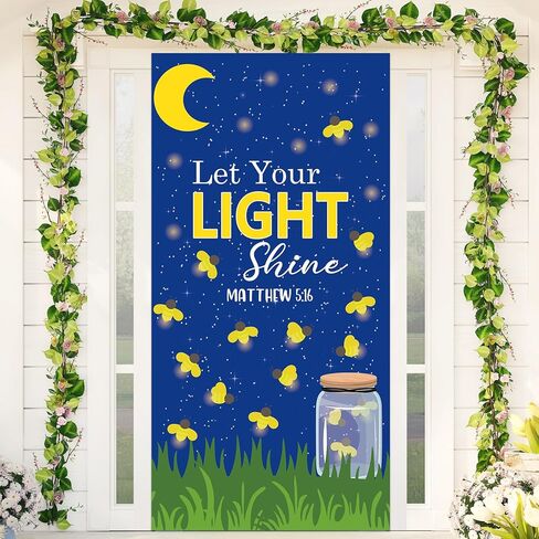 Wiooffen Let Your Light Shine Door Cover Classroom Church Hanging Banner Dark Night Firefly Jar Back to School Religious Christian Backdrop Wall Door Decor for Sunday School Kindergarten Preschool in Kuwait