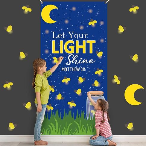 Wiooffen Let Your Light Shine Door Cover Classroom Church Hanging Banner Dark Night Firefly Jar Back to School Religious Christian Backdrop Wall Door Decor for Sunday School Kindergarten Preschool in Kuwait