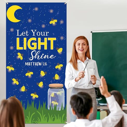 Wiooffen Let Your Light Shine Door Cover Classroom Church Hanging Banner Dark Night Firefly Jar Back to School Religious Christian Backdrop Wall Door Decor for Sunday School Kindergarten Preschool in Kuwait