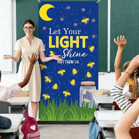 Wiooffen Let Your Light Shine Door Cover Classroom Church Hanging Banner Dark Night Firefly Jar Back to School Religious Christian Backdrop Wall Door Decor for Sunday School Kindergarten Preschool in Kuwait