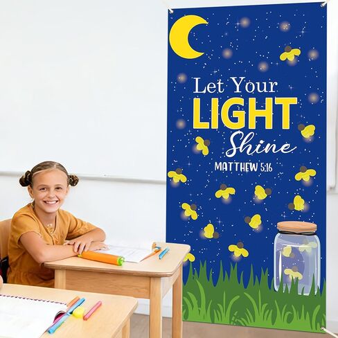 Wiooffen Let Your Light Shine Door Cover Classroom Church Hanging Banner Dark Night Firefly Jar Back to School Religious Christian Backdrop Wall Door Decor for Sunday School Kindergarten Preschool in Kuwait