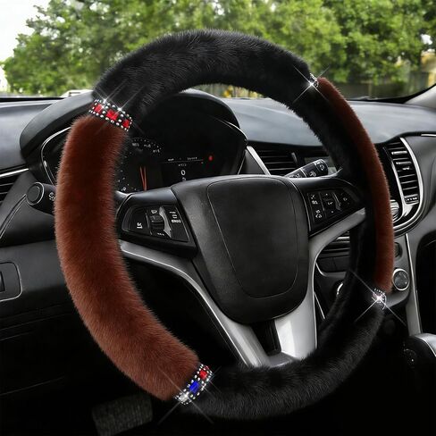 Car Fluffy Steering Wheel Cover, 15 Inch Car Steering Wheel Protector with Sparkly Rhinestone, Winter Anti-Slip Plush Warm Auto Protector Accessories, Auto Accessories for Women (Red) in Kuwait