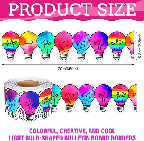 Fuutreo 65ft Vbs 2026 Bulletin Board Border Colorful Light Bulb Shaped Die-Cut Border Trim Dazzling Rainbow Bulb Strip Classroom Decoration for Back to School Office Blackboard Chalkboard in Kuwait