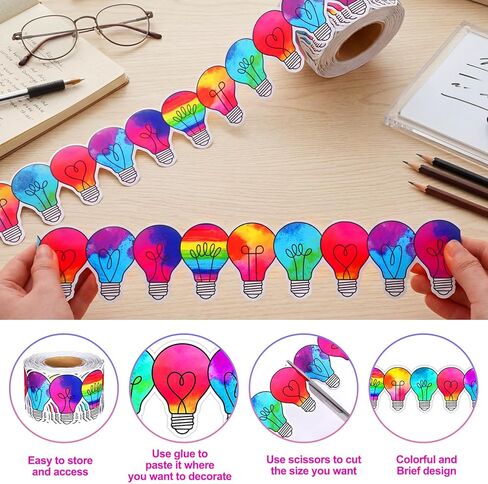 Fuutreo 65ft Vbs 2026 Bulletin Board Border Colorful Light Bulb Shaped Die-Cut Border Trim Dazzling Rainbow Bulb Strip Classroom Decoration for Back to School Office Blackboard Chalkboard in Kuwait