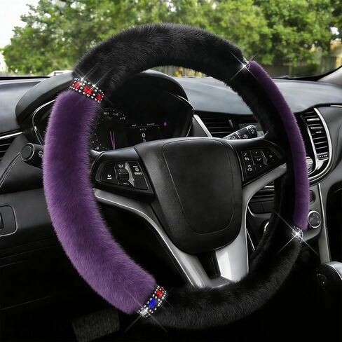 Car Fluffy Steering Wheel Cover, 15 Inch Car Steering Wheel Protector with Sparkly Rhinestone, Winter Anti-Slip Plush Warm Auto Protector Accessories, Auto Accessories for Women (Red) in Kuwait