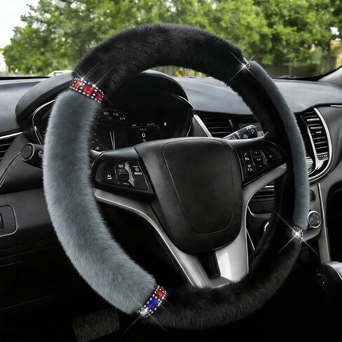 Car Fluffy Steering Wheel Cover, 15 Inch Car Steering Wheel Protector with Sparkly Rhinestone, Winter Anti-Slip Plush Warm Auto Protector Accessories, Auto Accessories for Women (Red) in Kuwait