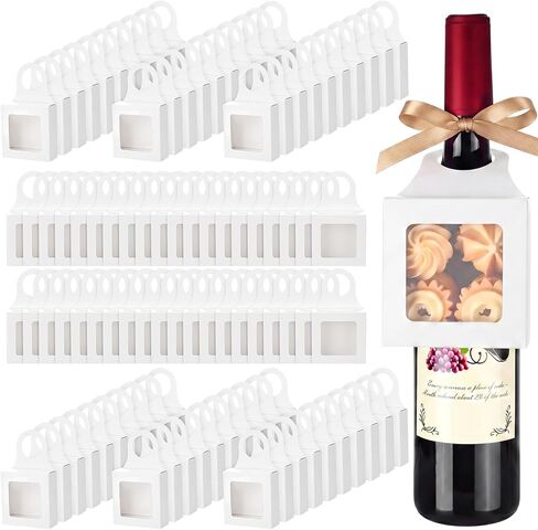wearage 100 Pcs Kraft Paper Wine Bottle Gift Boxes with Window, Foldable Wine Bottle Empty Gift Boxes with Hanger and Ribbon for Candy Valentines Christmas Wedding Parties Favor(White) in Saudi Arabia