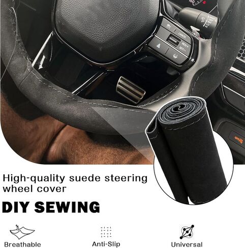 40.16-Inch Suede Leather Stitch Steering Wheel Wrap, Suitable for Car Steering Wheels with A Diameter of 15 Inches, Including Sewing Needles, Hand-Stitched in Saudi Arabia