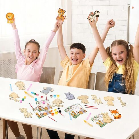 Bafeil 24 Set Safari Party Favors Jungle Animal Wooden Painting Crafts Kit with Bubble Wands - Wild Zoo Birthday Decorations Party Supplies, Goodie Bag Stuffers Gifts Classroom Prizes Pinata Filler in Saudi Arabia