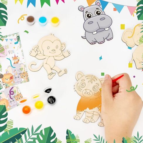 Bafeil 24 Set Safari Party Favors Jungle Animal Wooden Painting Crafts Kit with Bubble Wands - Wild Zoo Birthday Decorations Party Supplies, Goodie Bag Stuffers Gifts Classroom Prizes Pinata Filler in Saudi Arabia