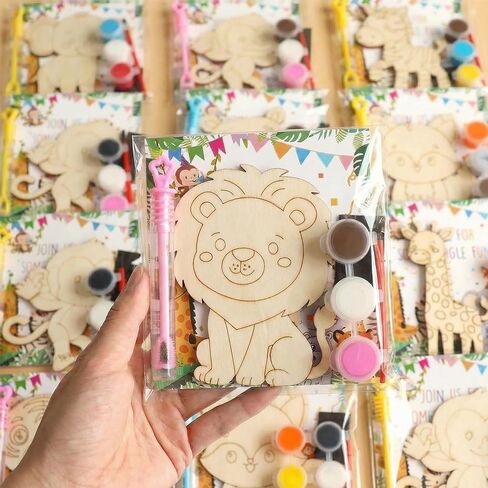 Bafeil 24 Set Safari Party Favors Jungle Animal Wooden Painting Crafts Kit with Bubble Wands - Wild Zoo Birthday Decorations Party Supplies, Goodie Bag Stuffers Gifts Classroom Prizes Pinata Filler in Saudi Arabia