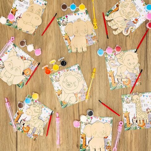 Bafeil 24 Set Safari Party Favors Jungle Animal Wooden Painting Crafts Kit with Bubble Wands - Wild Zoo Birthday Decorations Party Supplies, Goodie Bag Stuffers Gifts Classroom Prizes Pinata Filler in Saudi Arabia