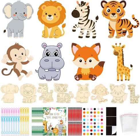 Bafeil 24 Set Safari Party Favors Jungle Animal Wooden Painting Crafts Kit with Bubble Wands - Wild Zoo Birthday Decorations Party Supplies, Goodie Bag Stuffers Gifts Classroom Prizes Pinata Filler in Saudi Arabia