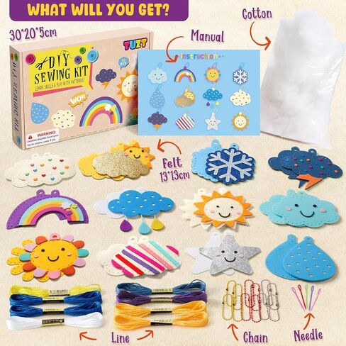 TUZT Sewing Kit for Kids, My First Weather Sewing Craft Kit for Beginner with 12 DIY Pre-Cut Plush Toys, Plastic Needles & Thread, DIY Felt Crafts Project Gift for Girls Boys Age 3-8 in Saudi Arabia