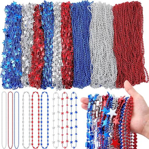 Henoyso 300 Pcs 250 Years Anniversary Bead Necklaces Bulk USA Patriotic Star Necklaces Red Blue Silver Bead for Men Women 1776-2026 4th of July American Patriotic Parade Carnival Favors in Kuwait