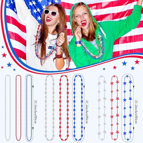 Henoyso 300 Pcs 250 Years Anniversary Bead Necklaces Bulk USA Patriotic Star Necklaces Red Blue Silver Bead for Men Women 1776-2026 4th of July American Patriotic Parade Carnival Favors in Kuwait