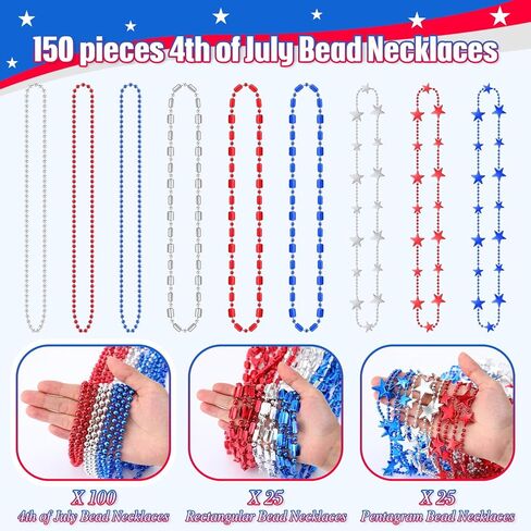 Henoyso 300 Pcs 250 Years Anniversary Bead Necklaces Bulk USA Patriotic Star Necklaces Red Blue Silver Bead for Men Women 1776-2026 4th of July American Patriotic Parade Carnival Favors in Kuwait
