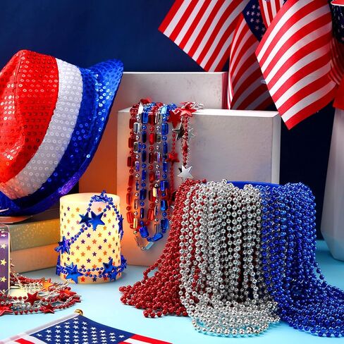 Henoyso 300 Pcs 250 Years Anniversary Bead Necklaces Bulk USA Patriotic Star Necklaces Red Blue Silver Bead for Men Women 1776-2026 4th of July American Patriotic Parade Carnival Favors in Kuwait