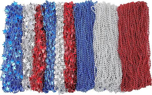 Henoyso 300 Pcs 250 Years Anniversary Bead Necklaces Bulk USA Patriotic Star Necklaces Red Blue Silver Bead for Men Women 1776-2026 4th of July American Patriotic Parade Carnival Favors in Kuwait