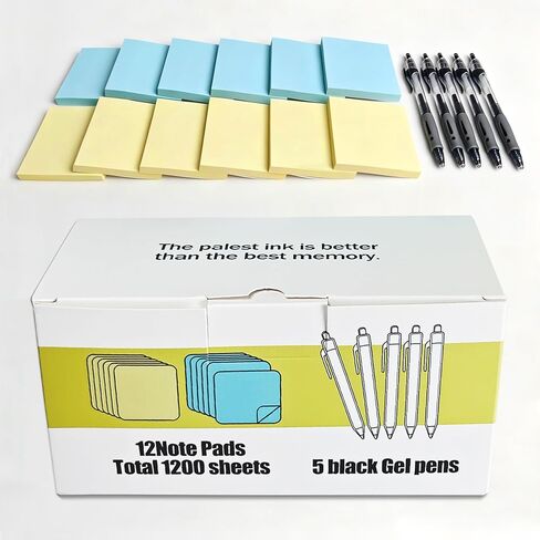 Sticky Notes Set with Pens - 12 Pads 3x3 Inch Self-Stick Notes (6 Yellow & 6 Blue) and 5 Black Retractable Gel Pens 0.5mm Fine Point, Convenient Bundle for Office in Kuwait