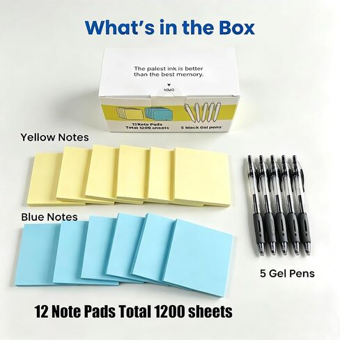 Sticky Notes Set with Pens - 12 Pads 3x3 Inch Self-Stick Notes (6 Yellow & 6 Blue) and 5 Black Retractable Gel Pens 0.5mm Fine Point, Convenient Bundle for Office in Kuwait