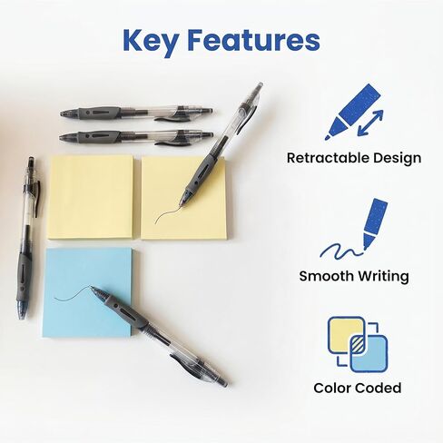 Sticky Notes Set with Pens - 12 Pads 3x3 Inch Self-Stick Notes (6 Yellow & 6 Blue) and 5 Black Retractable Gel Pens 0.5mm Fine Point, Convenient Bundle for Office in Kuwait