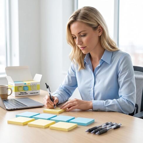 Sticky Notes Set with Pens - 12 Pads 3x3 Inch Self-Stick Notes (6 Yellow & 6 Blue) and 5 Black Retractable Gel Pens 0.5mm Fine Point, Convenient Bundle for Office in Kuwait