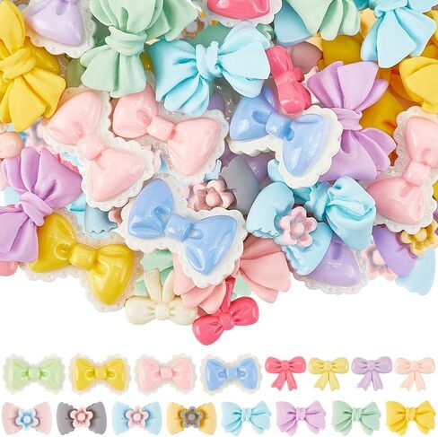 SUNNYCLUE 80Pcs 4 Styles Resin Bow Cabochon Flat Back Bowknot Charms Bulk Candy Color Bow Tie Embellishments Flatback Resin Charms for Hair Clips Scrapbooking Jewelry Making Accessories Photo Decor in Kuwait