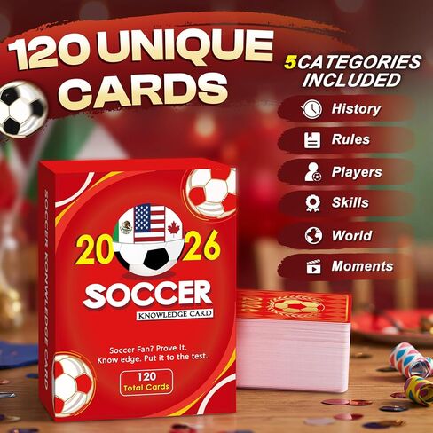 2026 Soccer Trivia Card Game, 120 Soccer Knowledge Q&A Deck with Answers Included, Rules History Tactics Skills Quiz Cards for Game Night, Parties, Team Activities, and Gifts in Saudi Arabia