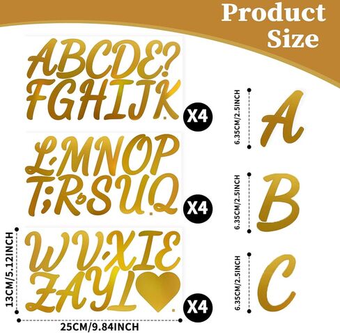 2.5 Inch Vinyl Alphabet Laser Stickers,12 Sheets Self Adhesive Letter Symbol Stickers for Wedding,Outdoors,Bulletin Board and Car - Gold in Kuwait