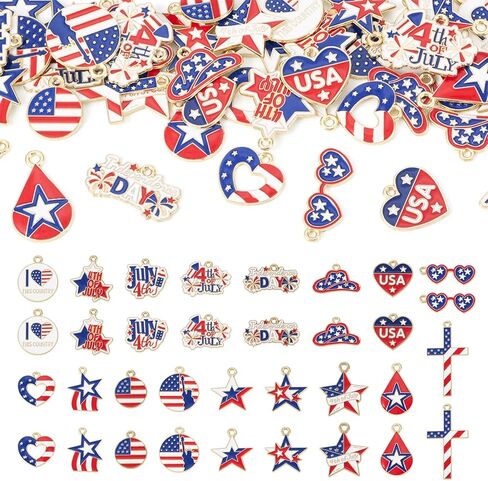 Beadthoven 68pcs 4th of July Patriotic Charms 17 Styles Independence Day Alloy American Flag Star Enamel Charms Red White Blue Assorted Pendants for Jewelry DIY Making Necklace Earrings Bracelet Craft in Kuwait