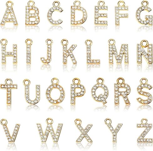Trinkrittey 26 Pcs Rhinestone Letters Gold Initial A-Z Charm Rhinestone Alphabet Beads for Jewelry Making Glitter Crystal Pendants for Making Bracelets Necklace Earring DIY Craft in Kuwait