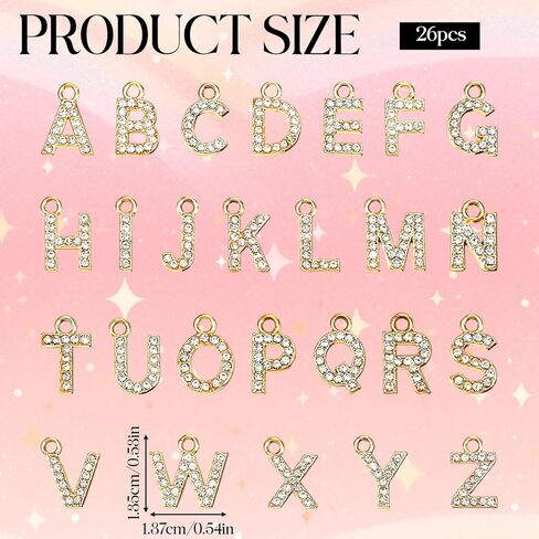 Trinkrittey 26 Pcs Rhinestone Letters Gold Initial A-Z Charm Rhinestone Alphabet Beads for Jewelry Making Glitter Crystal Pendants for Making Bracelets Necklace Earring DIY Craft in Kuwait