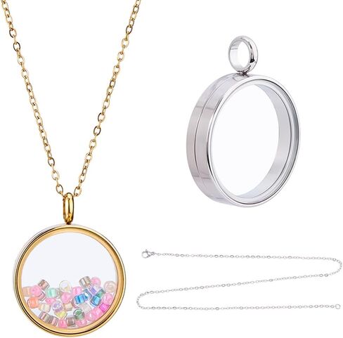 DICOSMETIC 2Pcs 2 Colors Round Locket Pendant Stainless Steel Memory Locket Charms 10/15/20mm Clear Picture Frame Charm Golden Silver Floating Charm Glass Living Bouquet Charms for Women Men Necklace in Kuwait