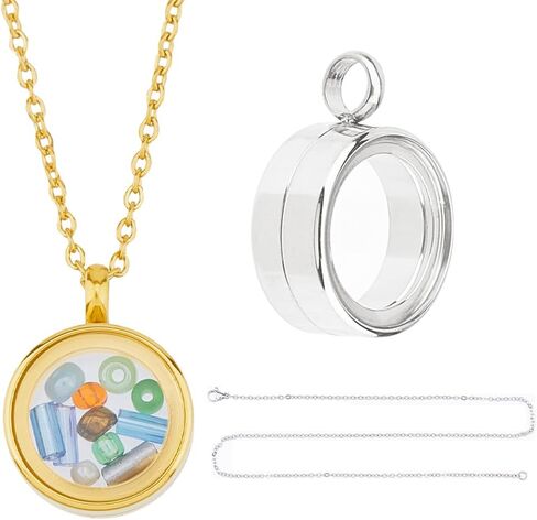 DICOSMETIC 2Pcs 2 Colors Round Locket Pendant Stainless Steel Memory Locket Charms 10/15/20mm Clear Picture Frame Charm Golden Silver Floating Charm Glass Living Bouquet Charms for Women Men Necklace in Kuwait