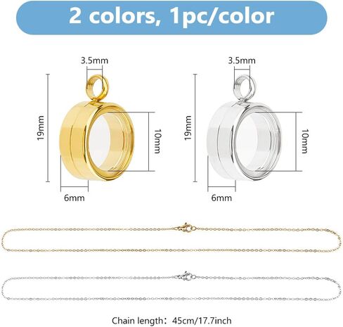DICOSMETIC 2Pcs 2 Colors Round Locket Pendant Stainless Steel Memory Locket Charms 10/15/20mm Clear Picture Frame Charm Golden Silver Floating Charm Glass Living Bouquet Charms for Women Men Necklace in Kuwait