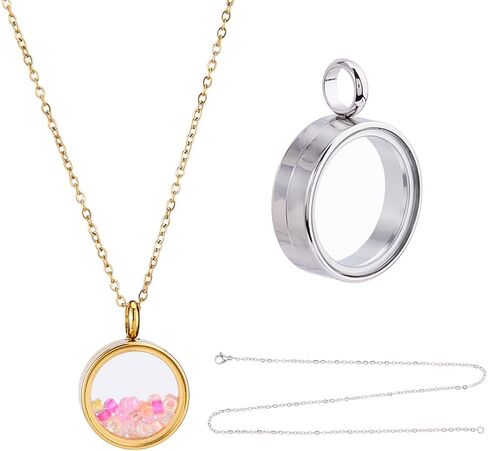 DICOSMETIC 2Pcs 2 Colors Round Locket Pendant Stainless Steel Memory Locket Charms 10/15/20mm Clear Picture Frame Charm Golden Silver Floating Charm Glass Living Bouquet Charms for Women Men Necklace in Kuwait