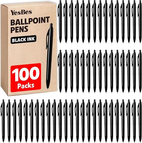 YesBes 100 Pack Ballpoint Pens Bulk, Retractable Black Pens Ballpoint Medium Point 1mm for Smooth Writing, No Bleed Ink Pens Clear Lines, School, Office, Teacher Supplies, Best Gifts for Coworkers in Kuwait