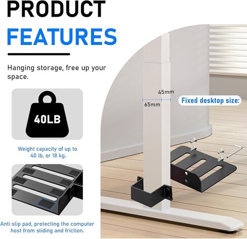 Ultra-Stable No-Drill Under Desk PC Mount - 40 lb Capacity Computer Holder, Adjustable Height & Width, Clamp-On CPU Caddy for Standing Desks (Fits 65mm x 45mm Legs) in Saudi Arabia