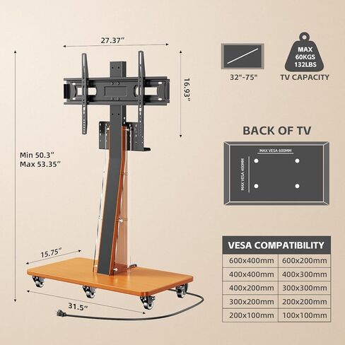 Mobile TV Stand Cart with Power Outlet, Rolling TV with Acrylic and Wheels, Height Adjustable Mobile TV Cart for 32-75 inch,Screen Up to 132lbs,TV Stand for for Outdoor, Home, Office (with Outlet) in Saudi Arabia