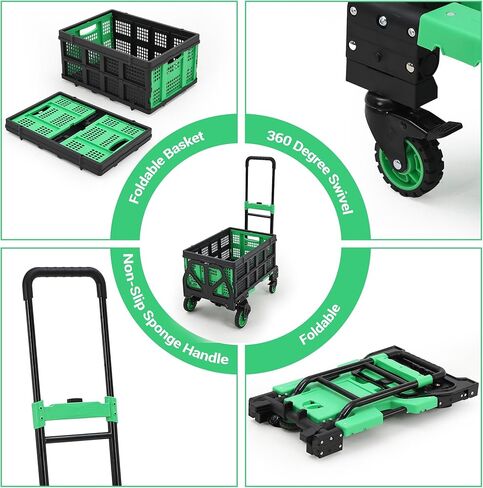 2-in-1 Folding Hand Truck with Collapsible Basket, 330lb Capacity Heavy Duty Platform Cart, Retractable Telescoping Handle, 4 Wheels Portable Dolly for Moving Office Luggage Warehouse, Green in Saudi Arabia