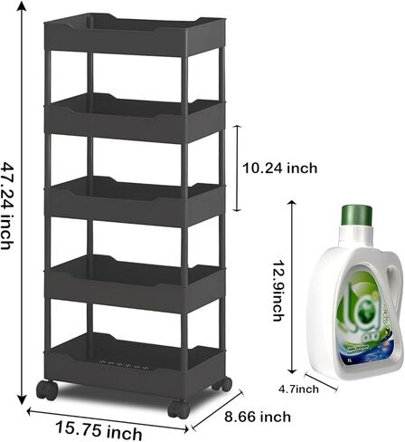 5-Tier Plastic Rolling Utility Cart, Rolling Storage Cart, Narrow Shelf, Bathroom Organizer Rolling Utility for Office, Kitchen,Bathroom,Living Room,Laundry Room in Saudi Arabia