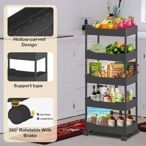 5-Tier Plastic Rolling Utility Cart, Rolling Storage Cart, Narrow Shelf, Bathroom Organizer Rolling Utility for Office, Kitchen,Bathroom,Living Room,Laundry Room in Saudi Arabia