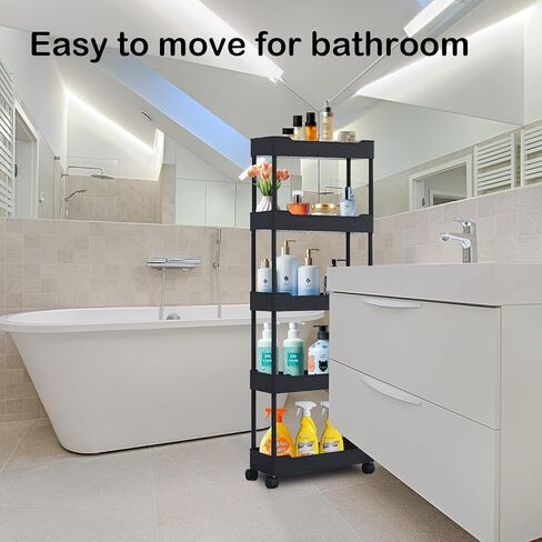 5-Tier Plastic Rolling Utility Cart, Rolling Storage Cart, Narrow Shelf, Bathroom Organizer Rolling Utility for Office, Kitchen,Bathroom,Living Room,Laundry Room in Saudi Arabia