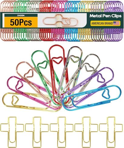 50 Pcs Metal Pen Holder Clips for Notebook, Heart Pen Clip for Notebook, Jumbo Paper Clips with 10 Colors (Gold, Rose Gold, Silver, Blue, Pink, Purple, Green, Red, Rainbow, Rose Gold Cross) in Saudi Arabia