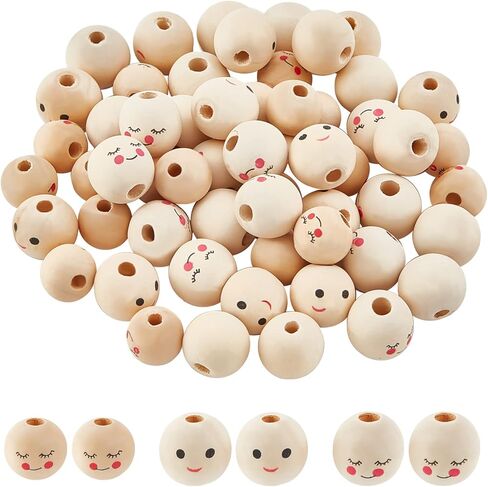 arricraft 60 Pcs 3 Style Smile Face Wood Beads, Face Shy Expression Smooth Smile Wooden Beads Handmade Loose Wood Spacer Beads Printed Undyed Ball Wooden Beads with Holes for DIY Crafts Jewelry Making in Kuwait