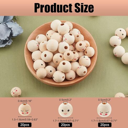 arricraft 60 Pcs 3 Style Smile Face Wood Beads, Face Shy Expression Smooth Smile Wooden Beads Handmade Loose Wood Spacer Beads Printed Undyed Ball Wooden Beads with Holes for DIY Crafts Jewelry Making in Kuwait